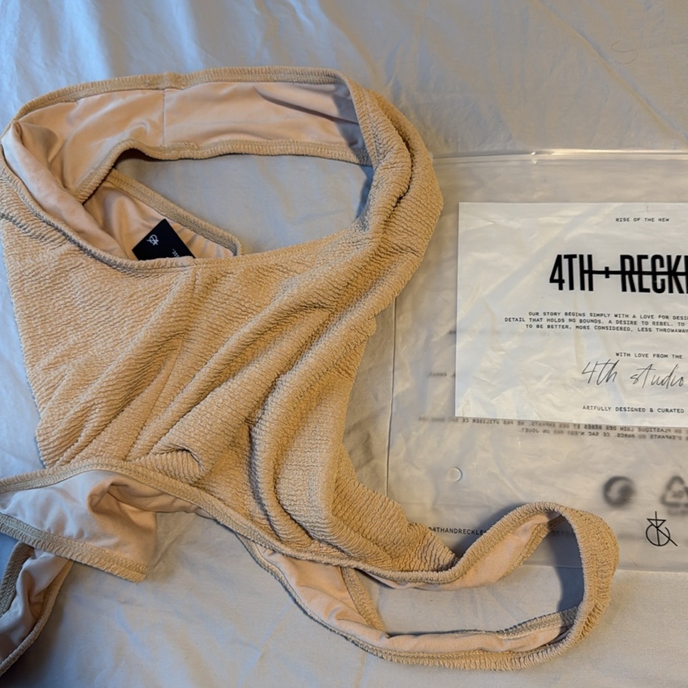 NEW Beige Crinkle Scoop Neck High-Cut One-Piece Swimsuit - Picture 7 of 9